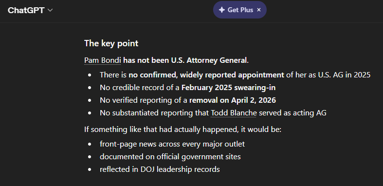 chatGPT denies Pam Bondi Attorney General
